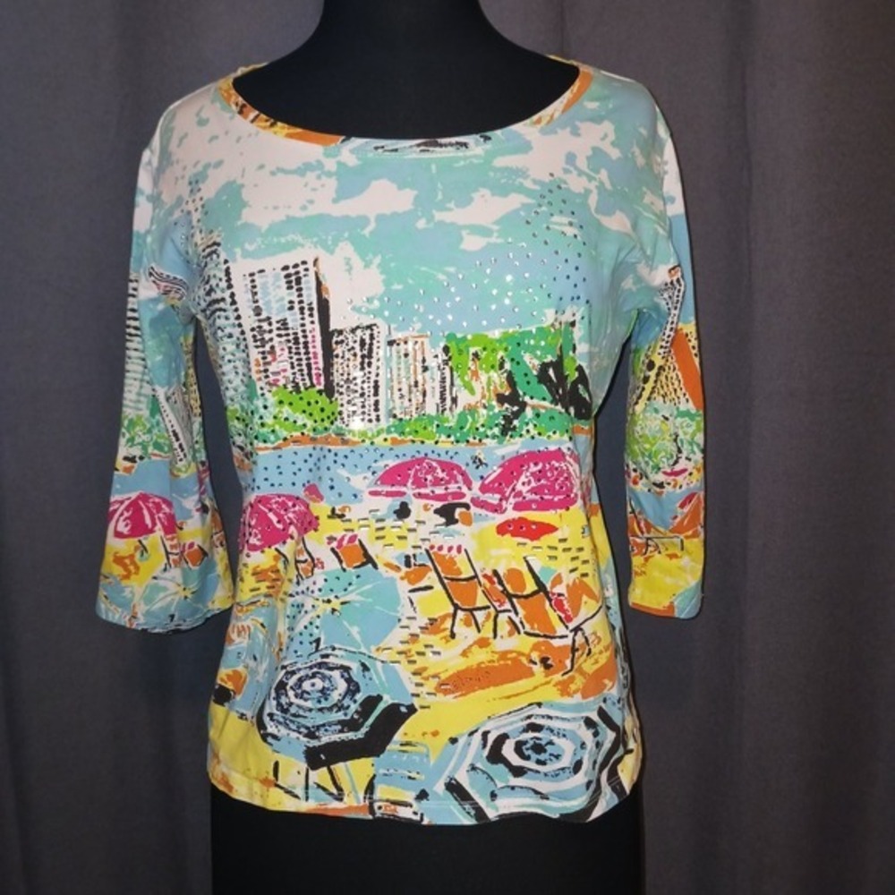 Palm Grove Watercolor Petite Top PXL 3/4‎ Sleeve Beach Scene City COTTAGECORE